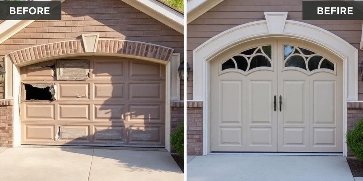 Before and after garage door installation transformation showing dramatic improvement