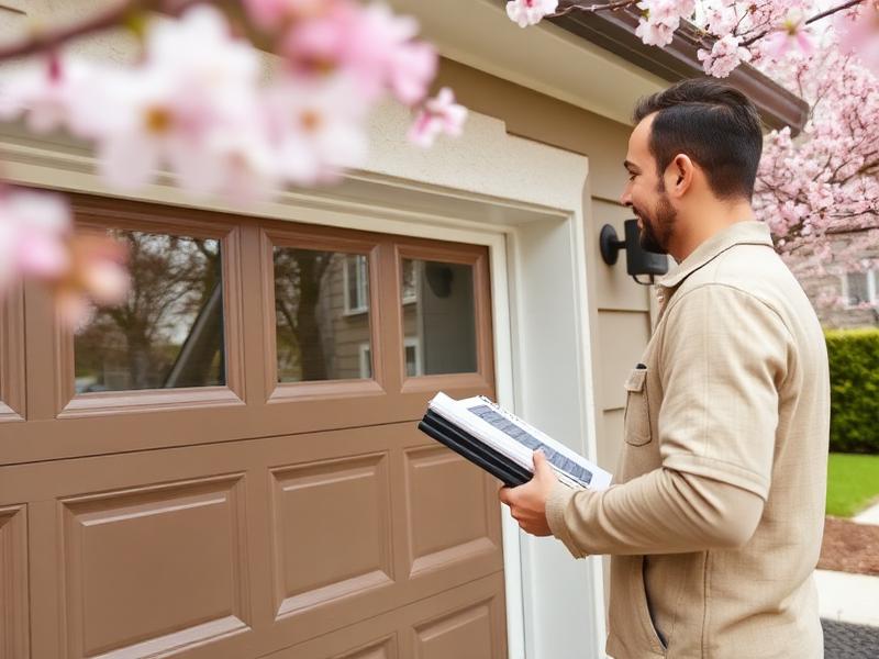 Homeowner inspecting garage door during spring maintenance with checklist