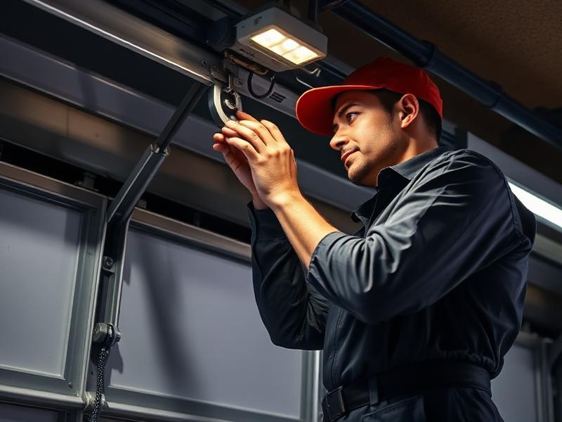 Emergency garage door repair service technician fixing broken spring