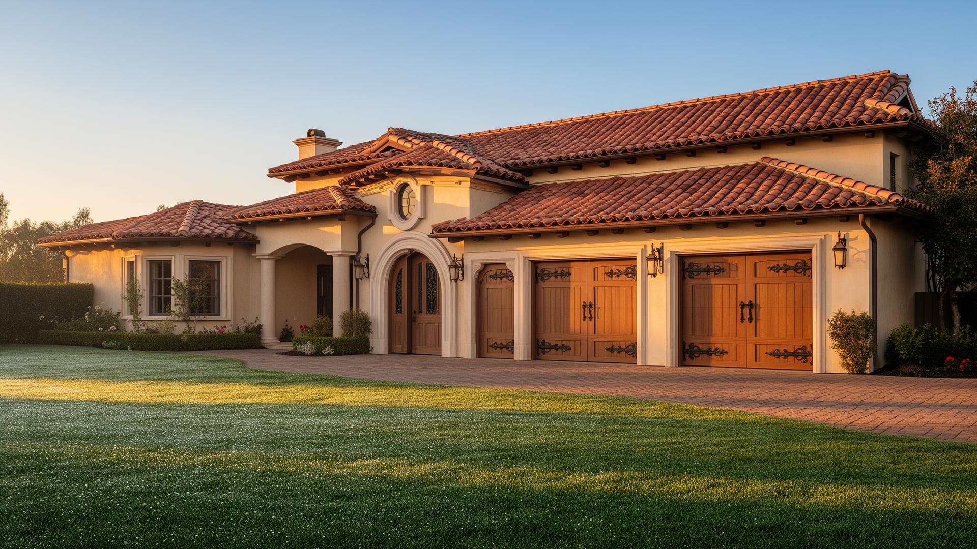 Luxury Mediterranean villa with beautiful Victorian style garage doors featuring ornate trim details in Buena Park